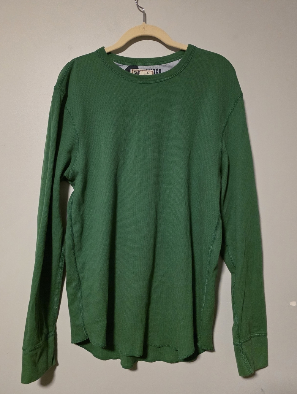 Green Long-Sleeve Waffle Knit Crewneck Shirt